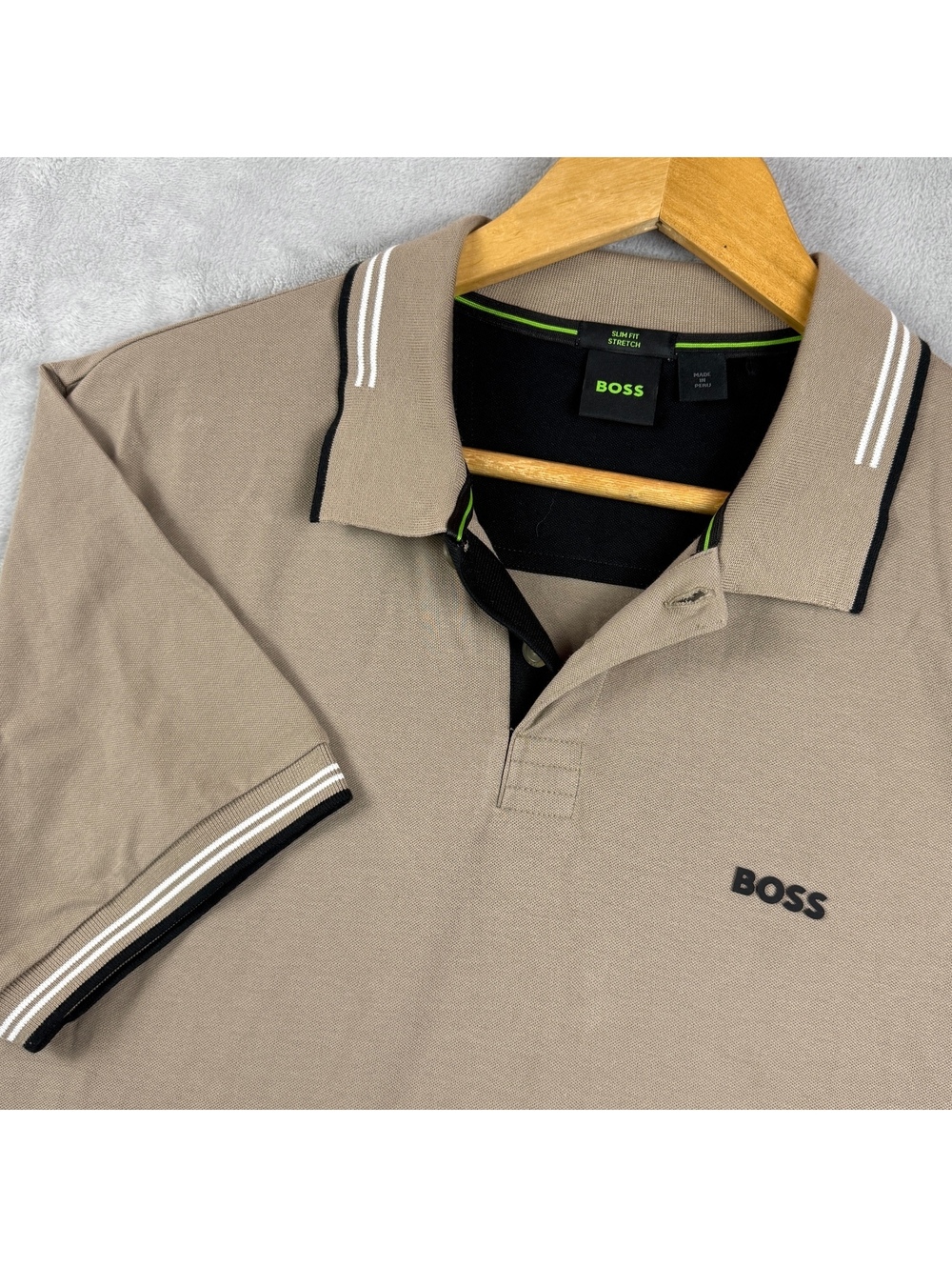 BOSS Hugo Boss Mens L Beige Tan Polo Shirt Short Sleeve Tipped Collar Logo Golf